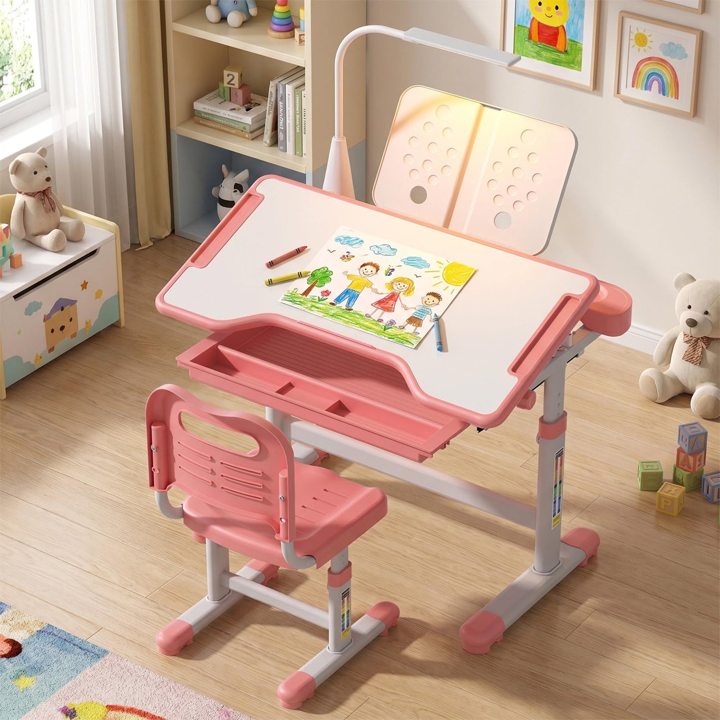Adjustable Kids Study Desk & Chair With LED Lamp