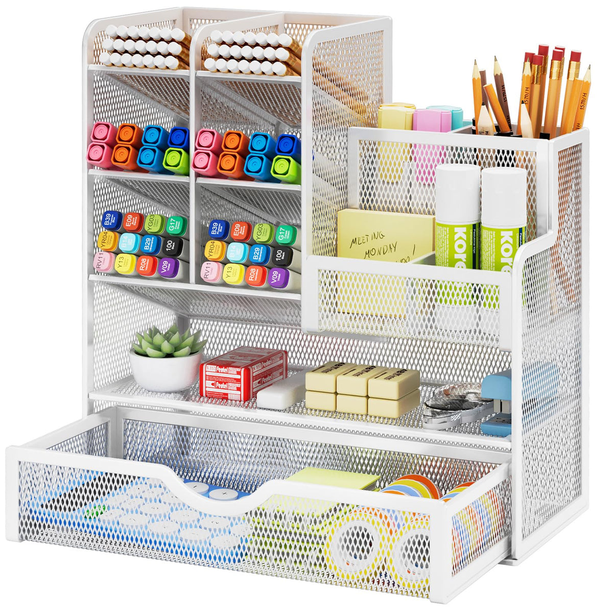 Mesh Pen Holder With Drawer & Supply Storage