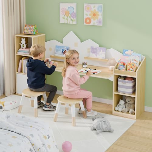 Kids Desk & Stool Set With Bookshelves & Storage
