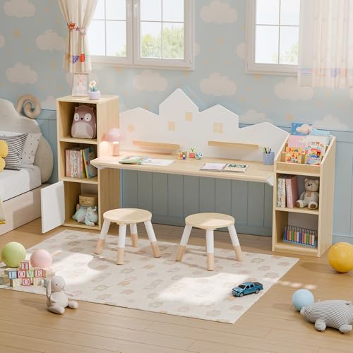 Kids Desk & Stool Set With Bookshelves & Storage