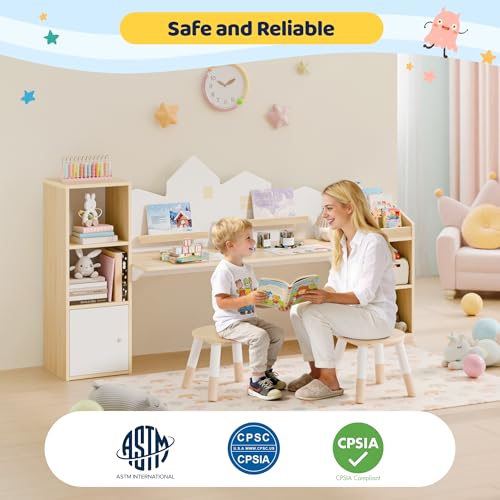 Kids Desk & Stool Set With Bookshelves & Storage