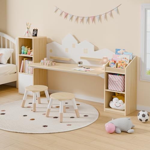 Kids Desk & Stool Set With Bookshelves & Storage