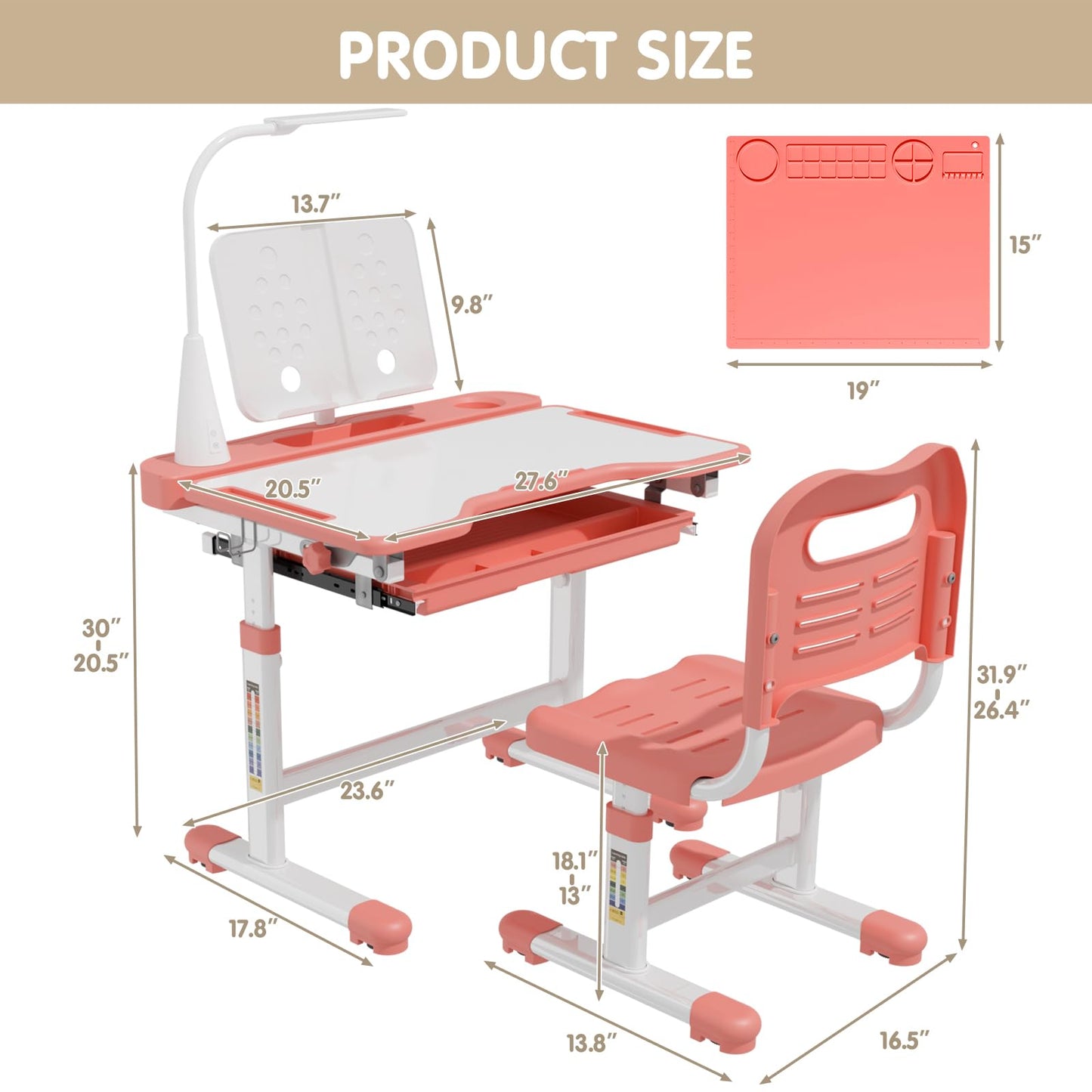 Adjustable Kids Study Desk & Chair With LED Lamp