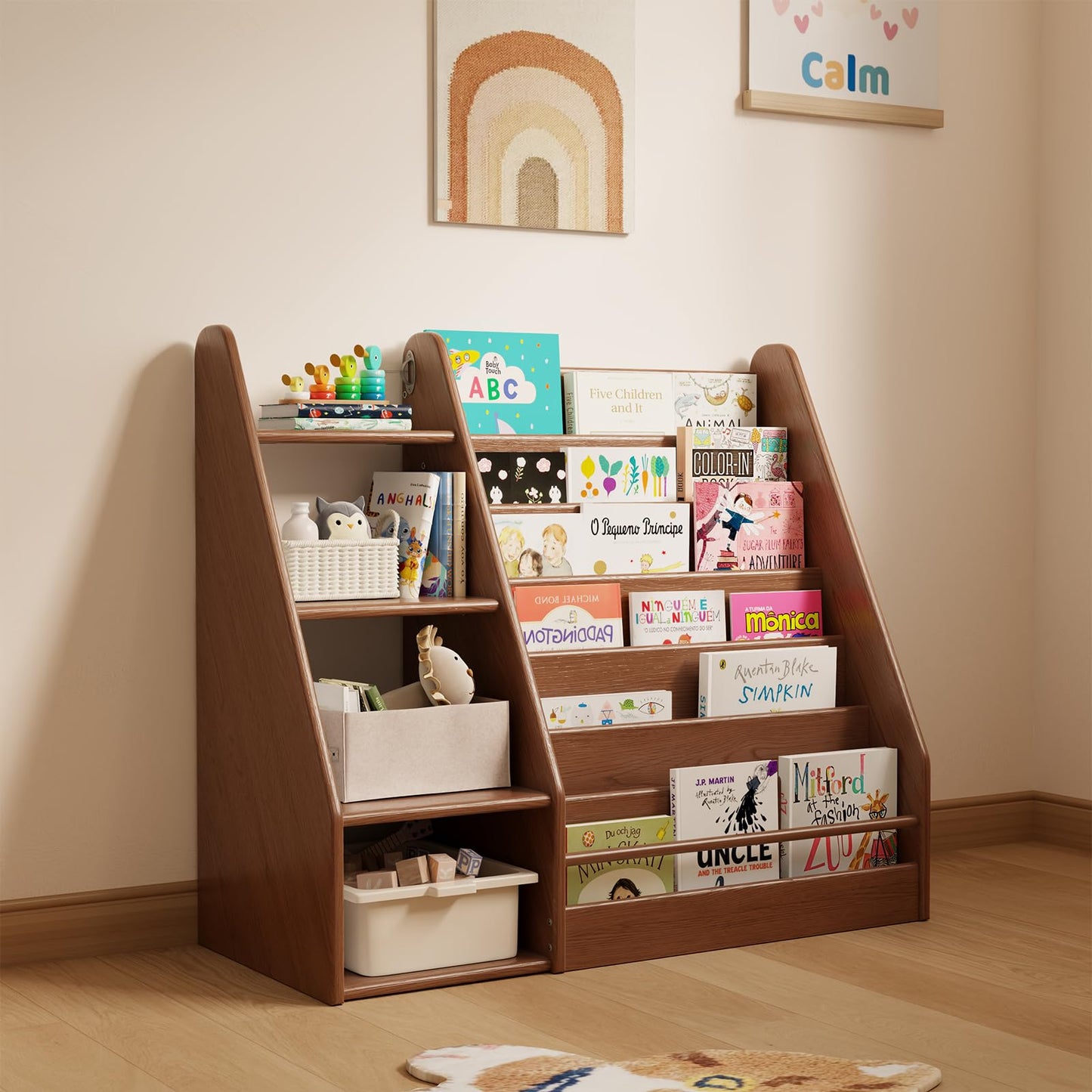 Solid Wood Montessori Bookshelf for Kids’ Book Storage