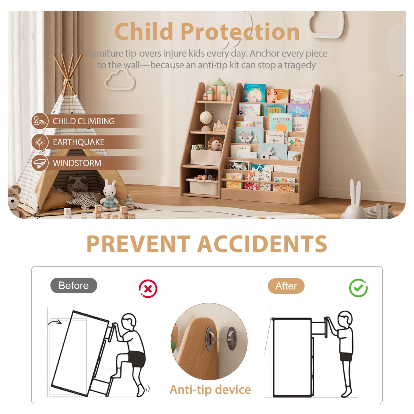 Solid Wood Montessori Bookshelf for Kids’ Book Storage