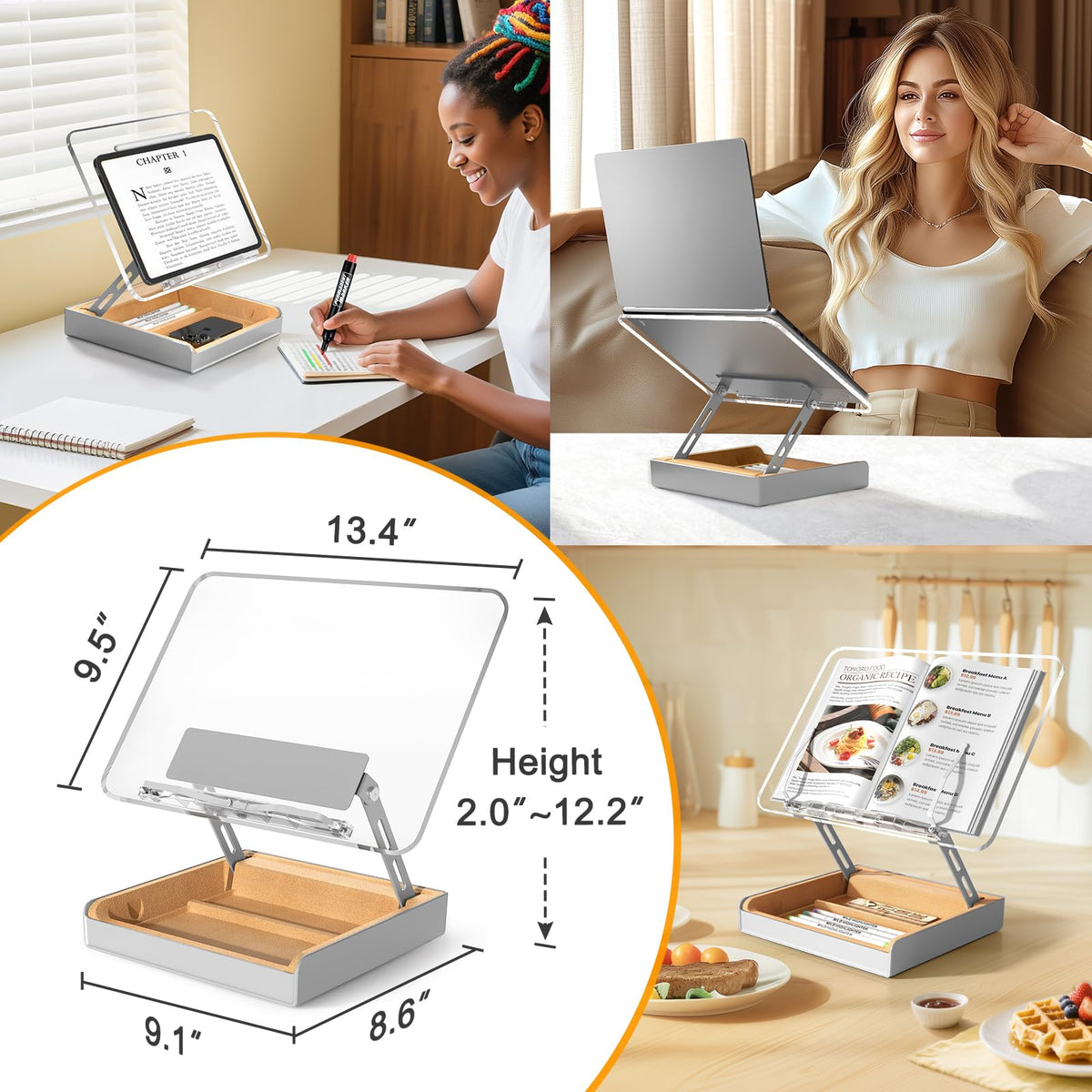 Adjustable Wooden Book Stand With Built-In Storage