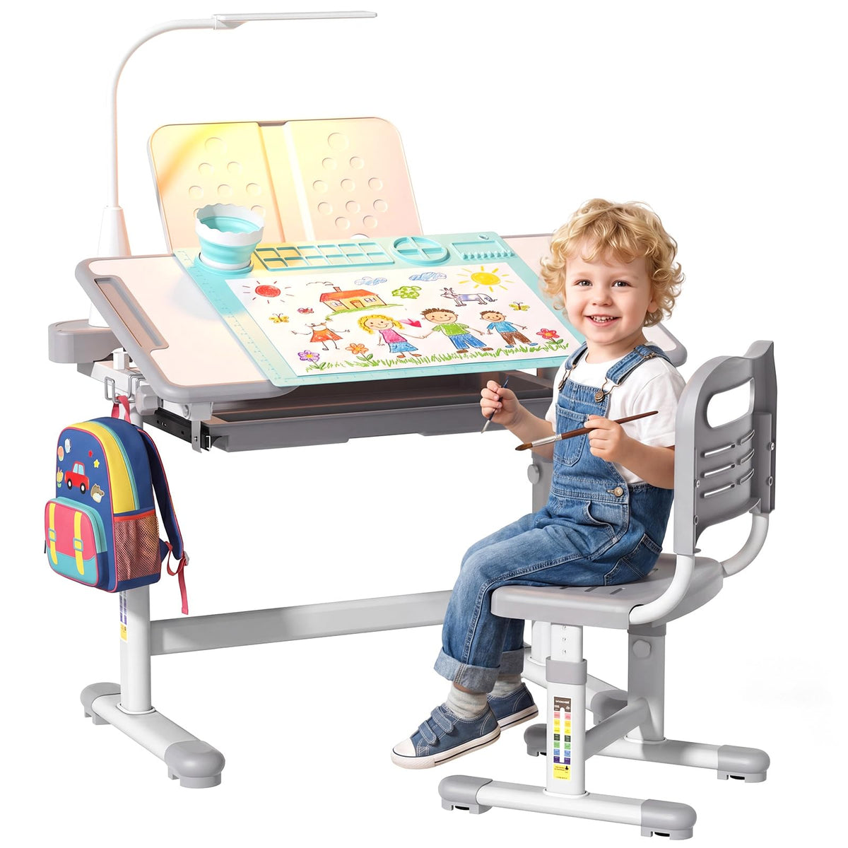 Adjustable Kids Study Desk & Chair With LED Lamp