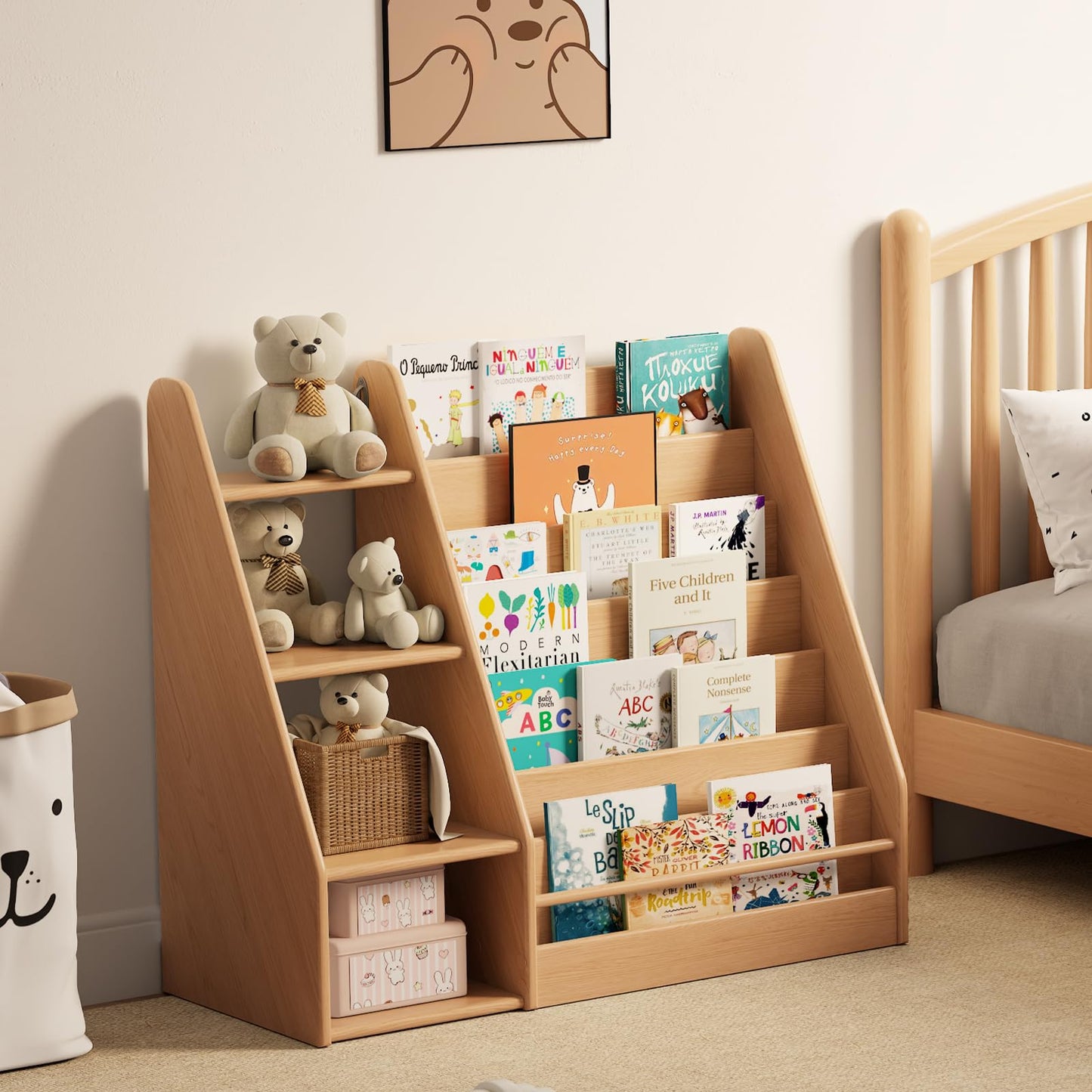 Solid Wood Montessori Bookshelf for Kids’ Book Storage
