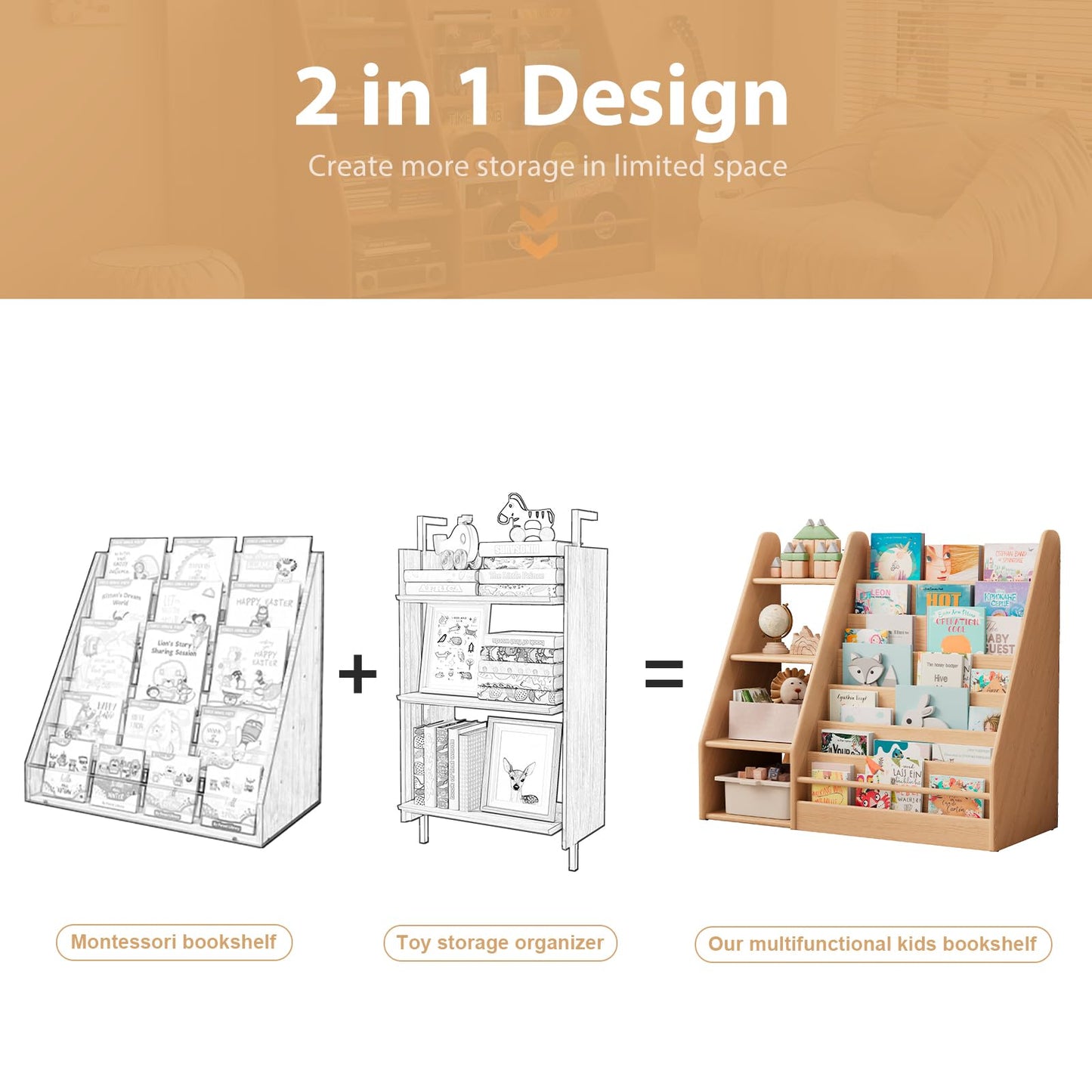 Solid Wood Montessori Bookshelf for Kids’ Book Storage