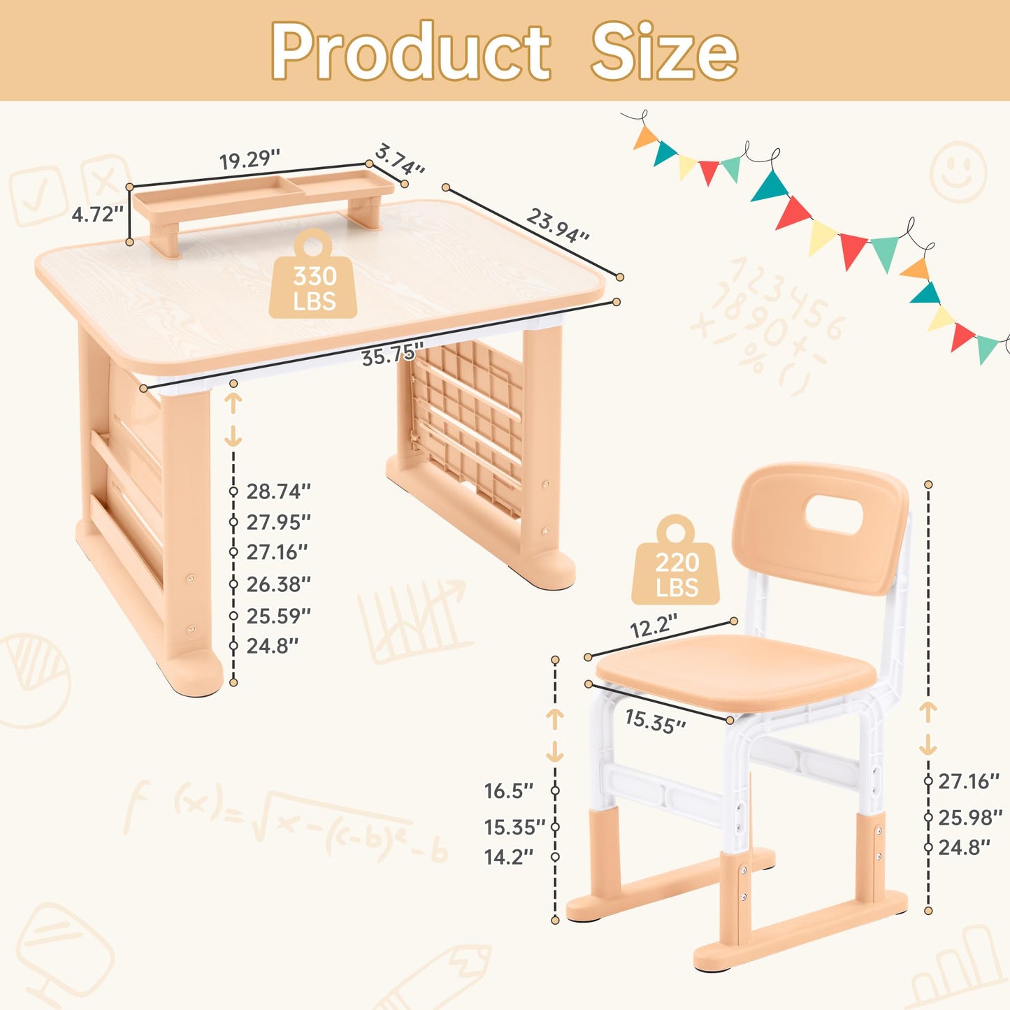 Adjustable Kids Desk & Chair Set With Storage