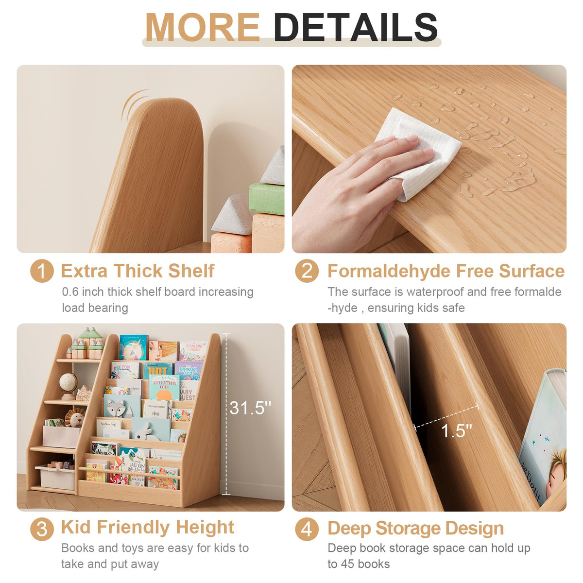 Solid Wood Montessori Bookshelf for Kids’ Book Storage