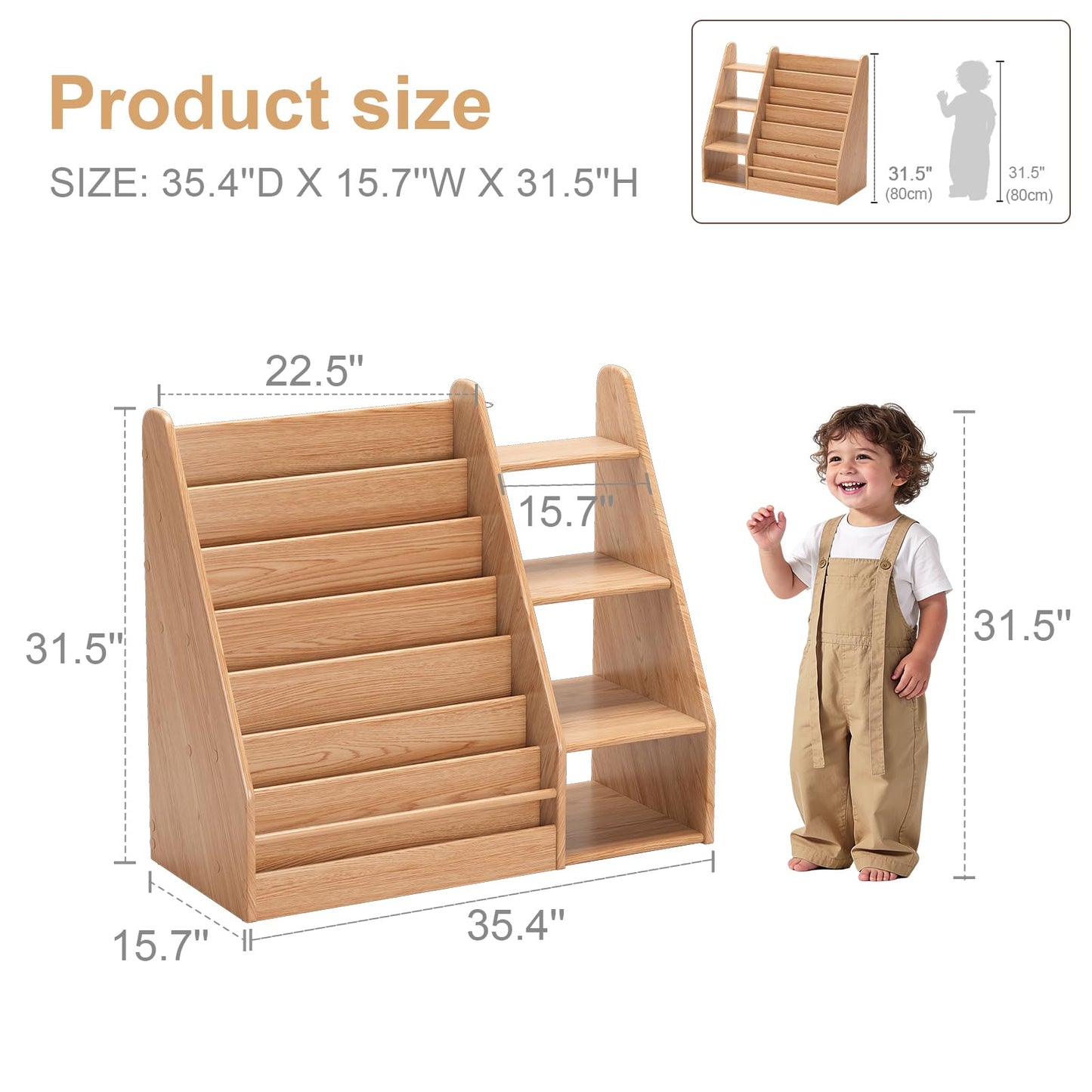 Solid Wood Montessori Bookshelf for Kids’ Book Storage