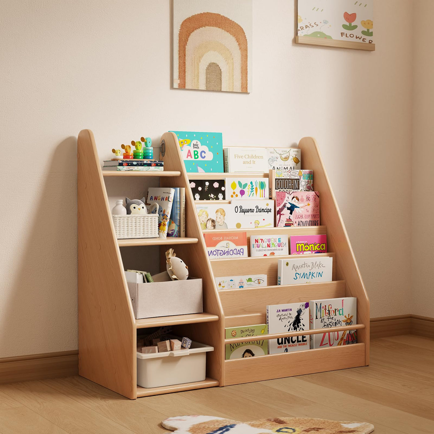 Solid Wood Montessori Bookshelf for Kids’ Book Storage