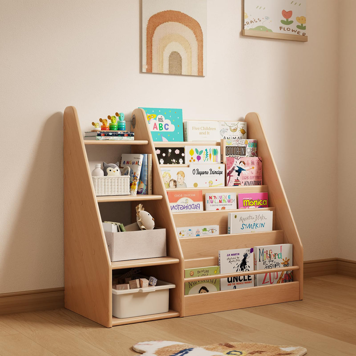 Solid Wood Montessori Bookshelf for Kids’ Book Storage