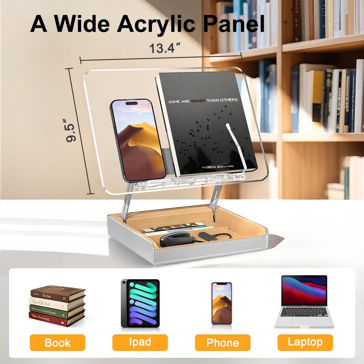 Adjustable Wooden Book Stand With Built-In Storage