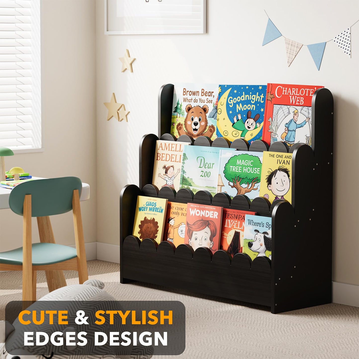 Montessori 3-Tier Scalloped Bookshelf for Kids