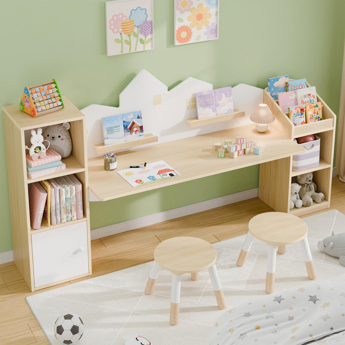 Kids Desk & Stool Set With Bookshelves & Storage