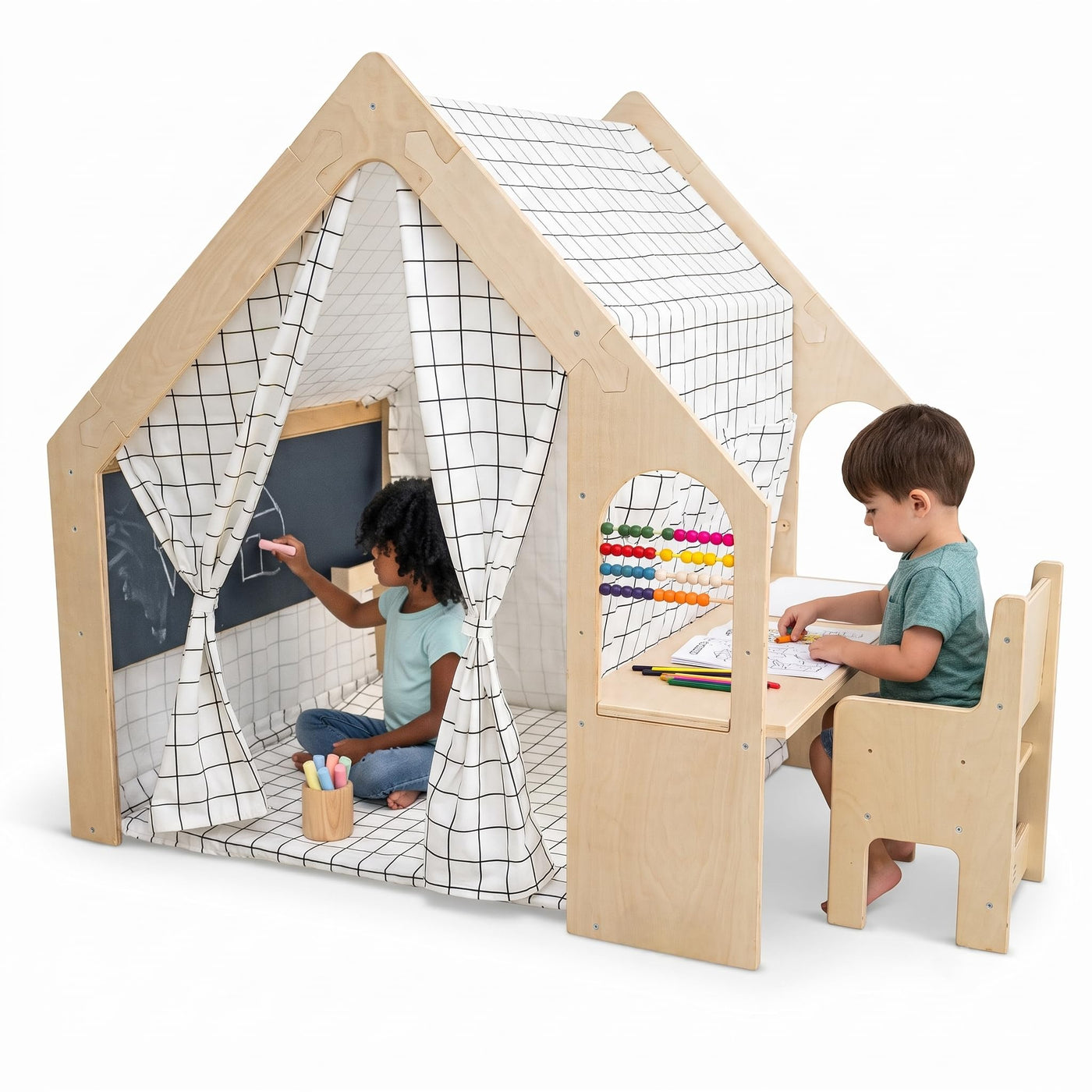 5-in-1 Montessori Wooden Playhouse With Desk