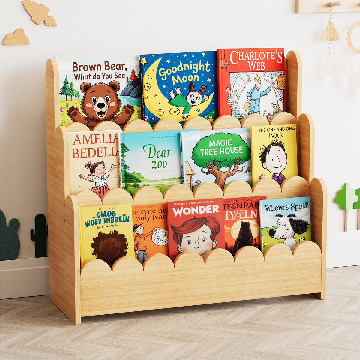 Montessori 3-Tier Scalloped Bookshelf for Kids