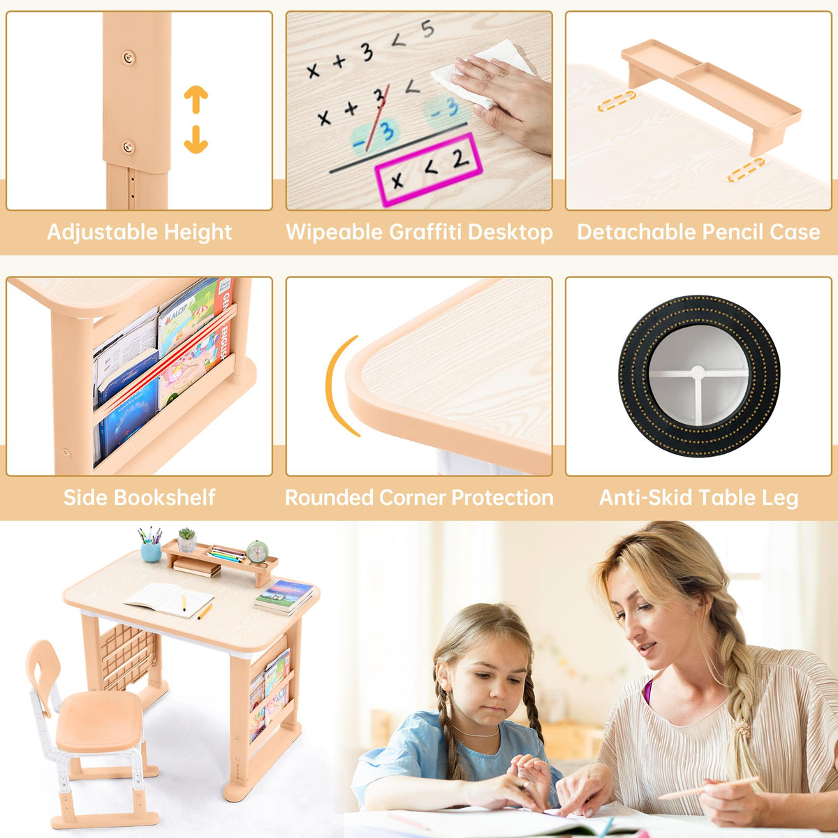 Adjustable Kids Desk & Chair Set With Storage