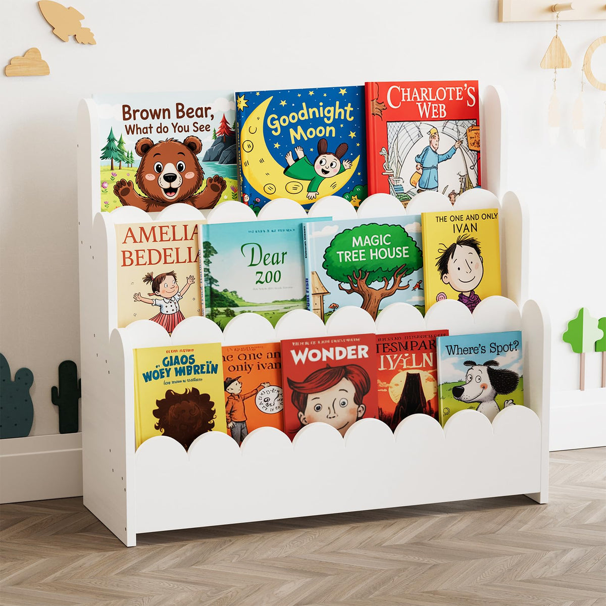 Montessori 3-Tier Scalloped Bookshelf for Kids