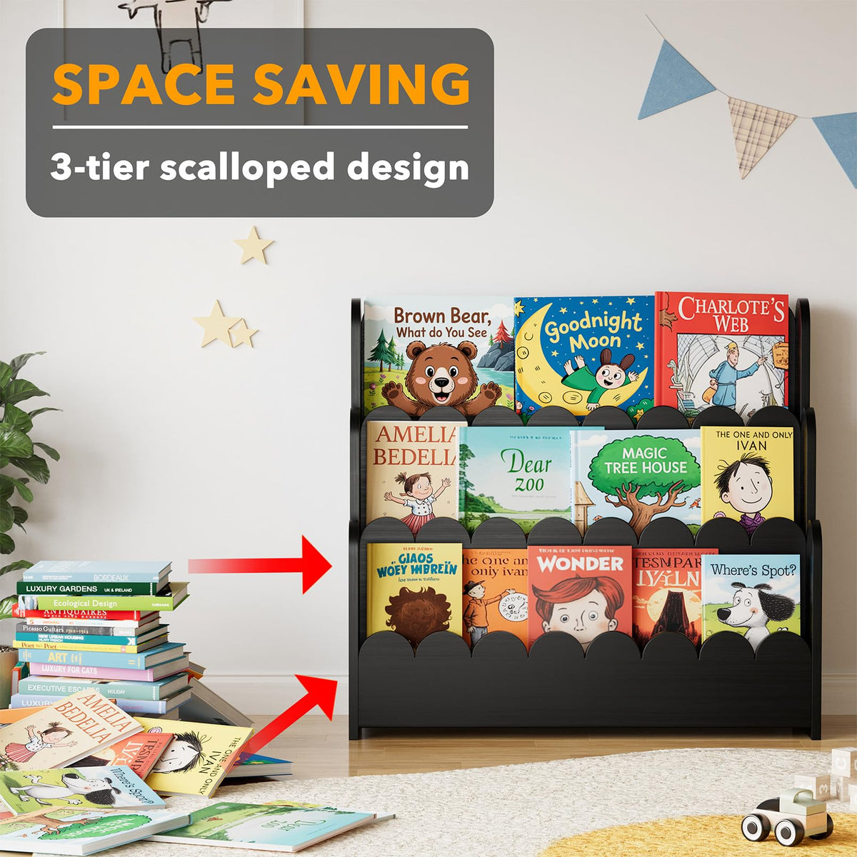 Montessori 3-Tier Scalloped Bookshelf for Kids