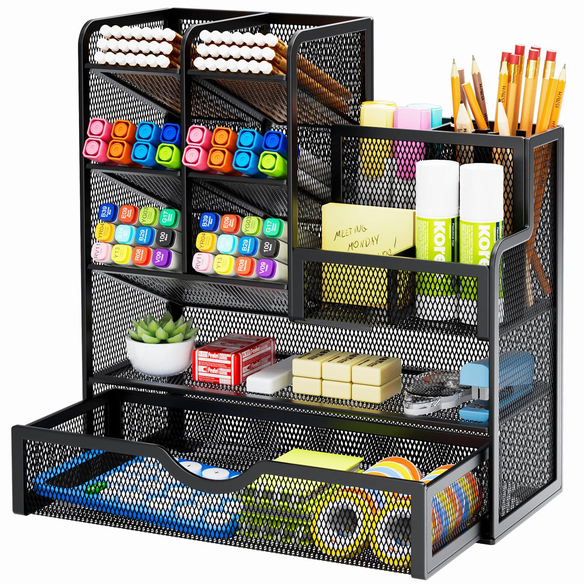 Mesh Pen Holder With Drawer & Supply Storage