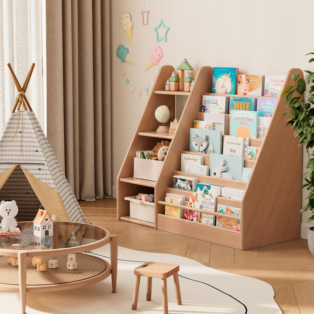Solid Wood Montessori Bookshelf for Kids’ Book Storage