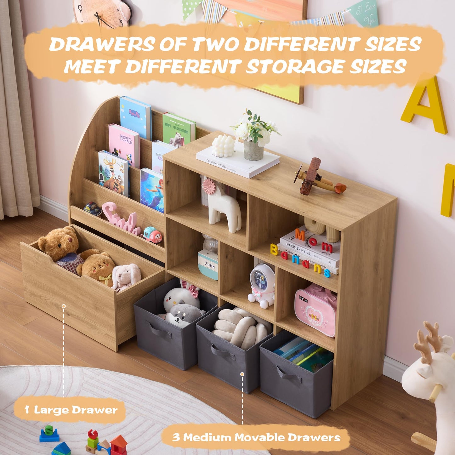 Kids Toy Storage Organizer With Bookshelf & Drawers