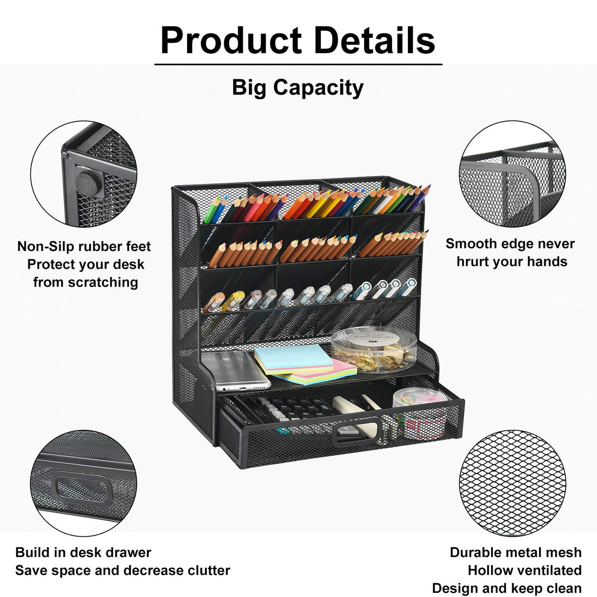 Mesh Pen Holder With Drawer & Supply Storage