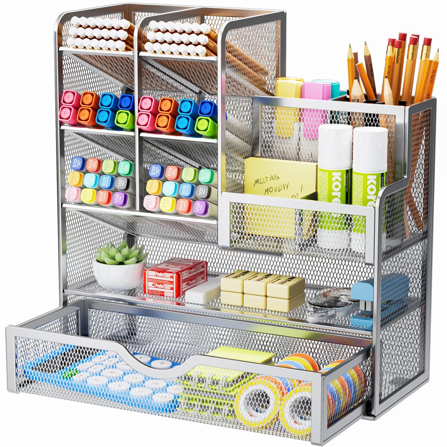 Mesh Pen Holder With Drawer & Supply Storage