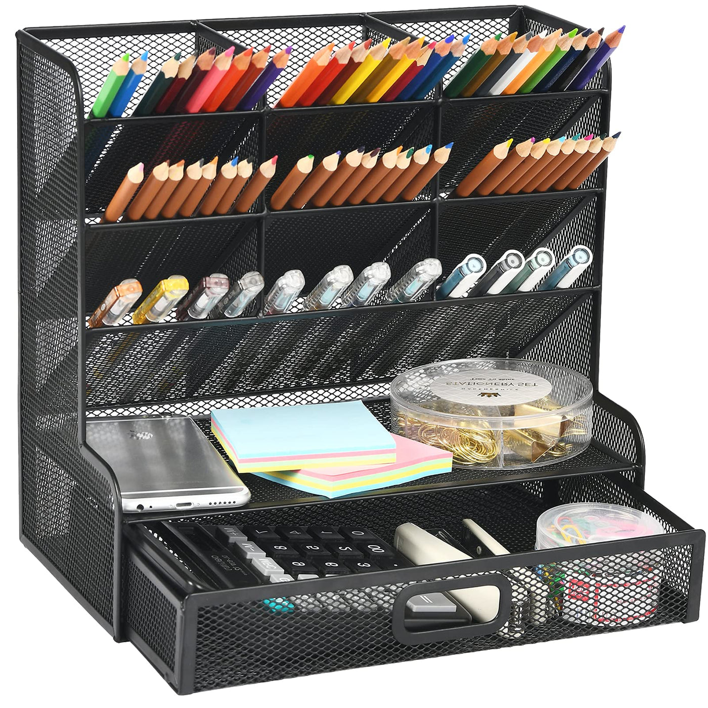 Mesh Pen Holder With Drawer & Supply Storage