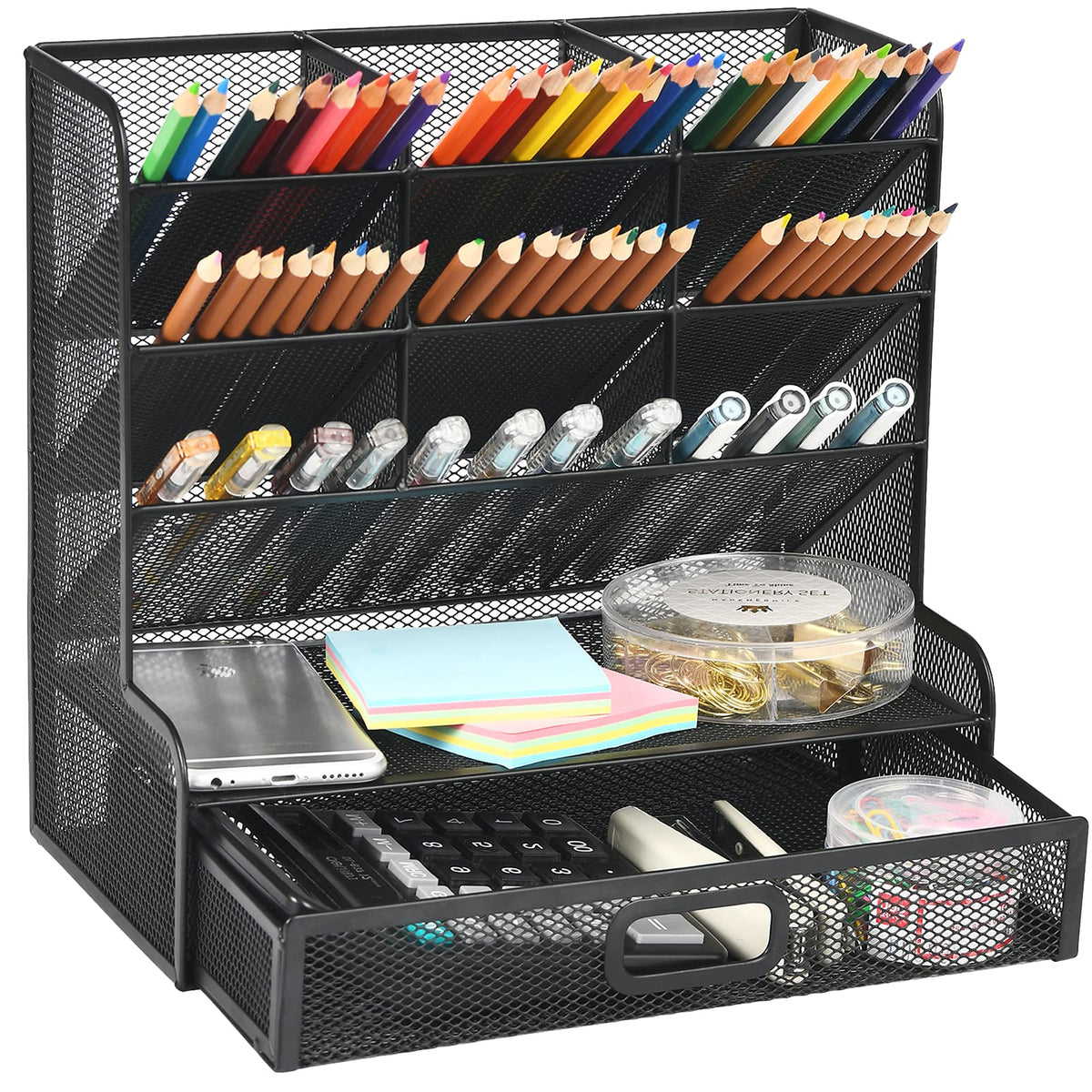 Mesh Pen Holder With Drawer & Supply Storage