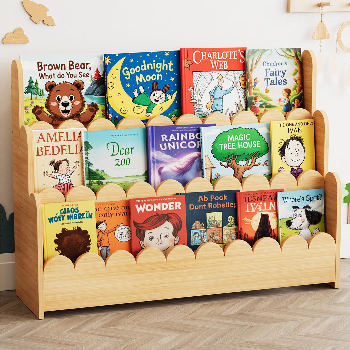 Montessori 3-Tier Scalloped Bookshelf for Kids