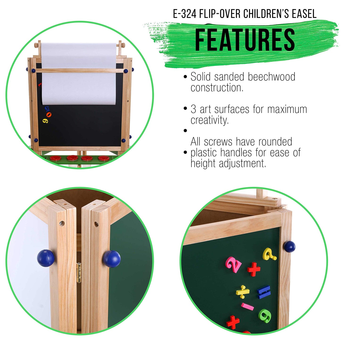 Three-Sided Wooden Art Easel for Kids